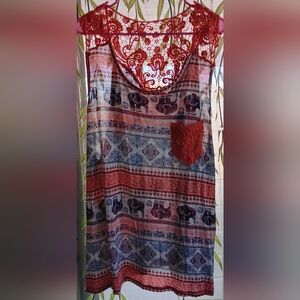 Rue+ Lace Trim Elephant Print Top - Red and Blue